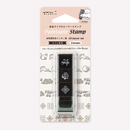 Set of 3 Midori paintable ink roller stamp, featuring cat, floral and tile designs. 
