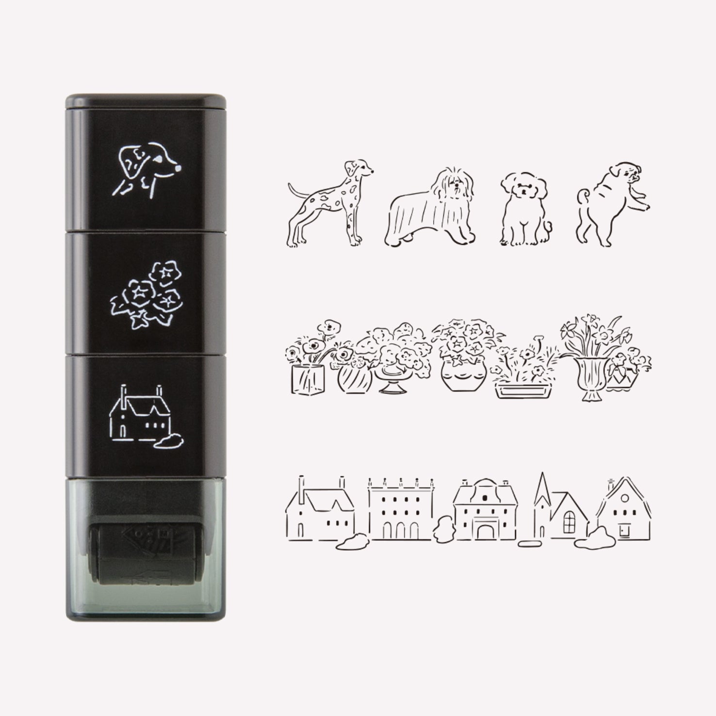 Set of 3 Midori paintable ink roller stamp, featuring dog, floral and building skyline designs. 