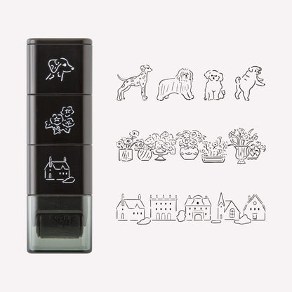 Set of 3 Midori paintable ink roller stamp, featuring dog, floral and building skyline designs. 