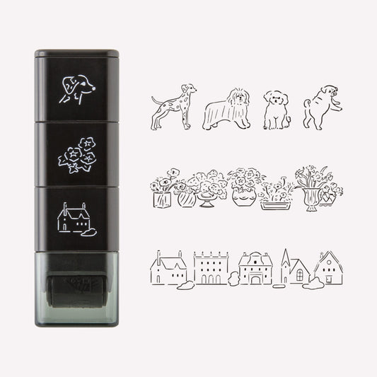 Set of 3 Midori paintable ink roller stamp, featuring dog, floral and building skyline designs. 