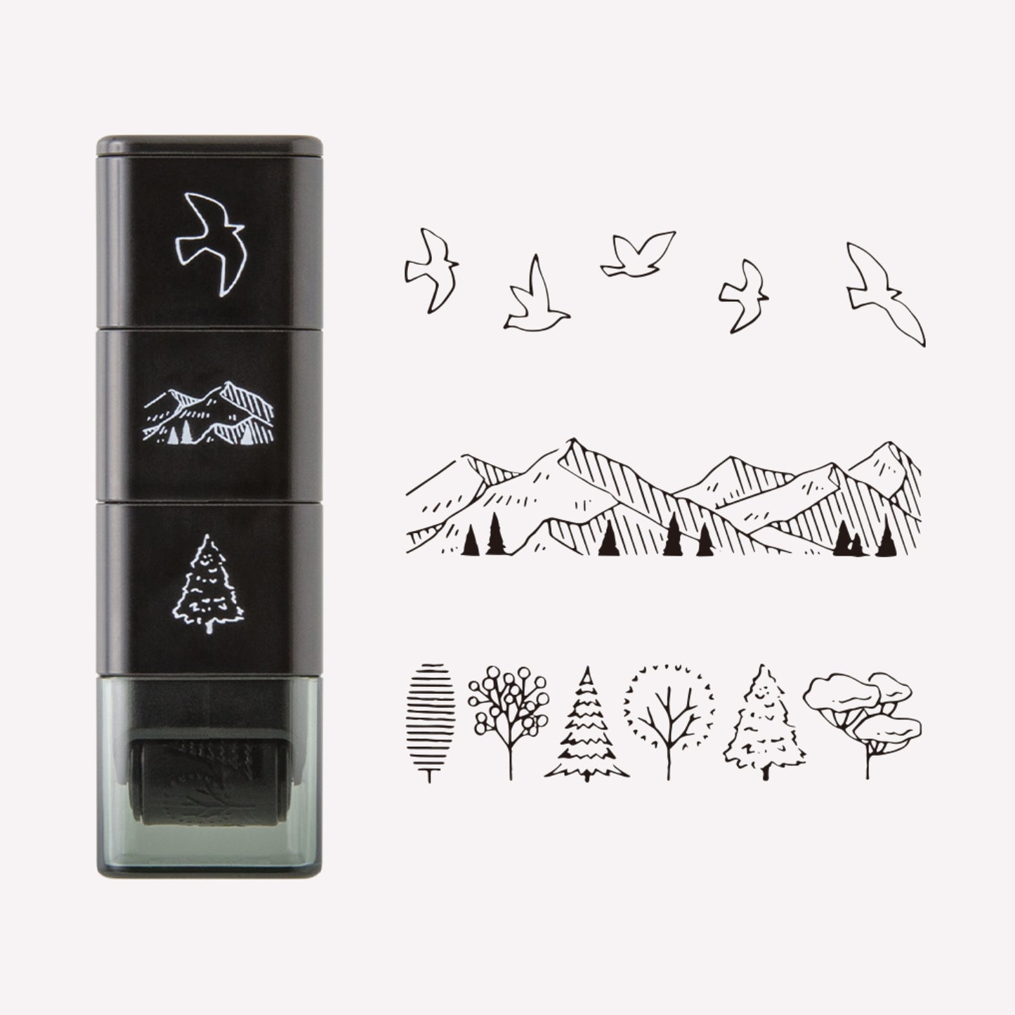 Set of 3 Midori paintable ink roller stamp, featuring mountain, tree and bird designs. 