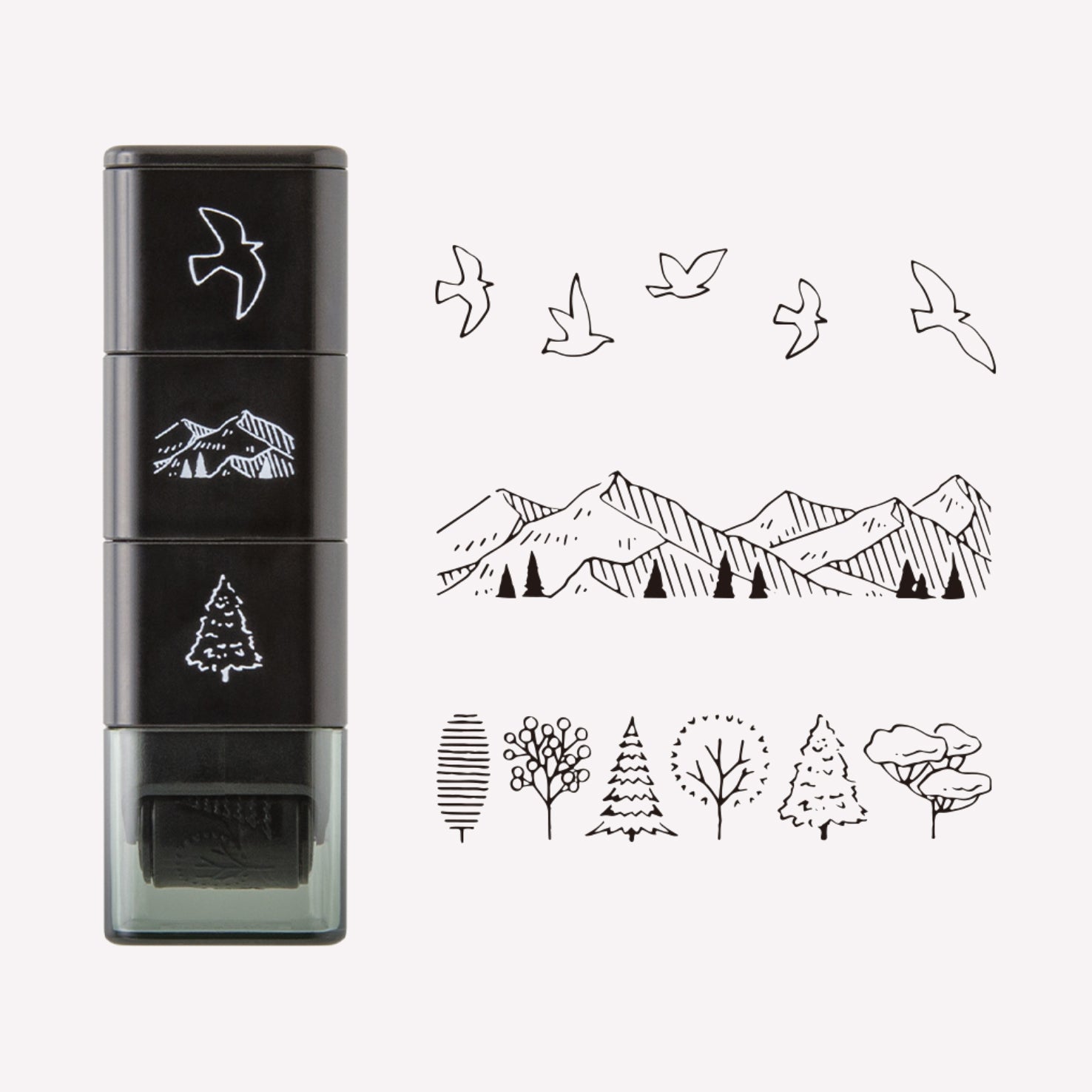 Set of 3 Midori paintable ink roller stamp, featuring mountain, tree and bird designs. 