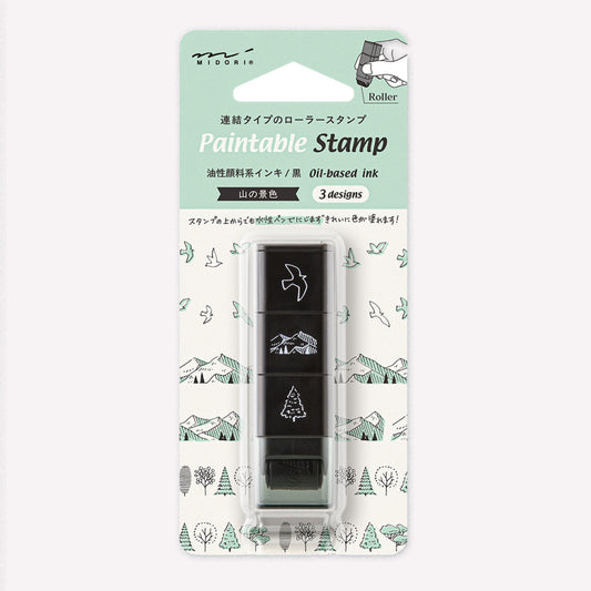 Set of 3 Midori paintable ink roller stamp, featuring mountain, tree and bird designs. 