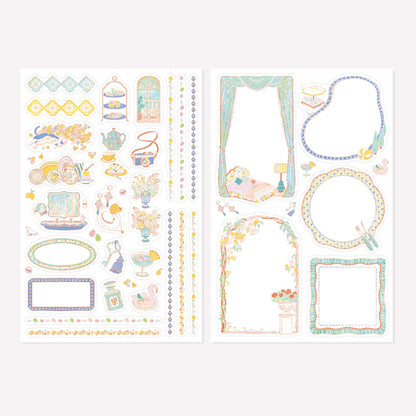 Midori Travel & Hotel Yuru Log Sticker sheets with illustrated designs including floral vases, an afternoon tea, a hotel window, and decorative frames on a white background. 