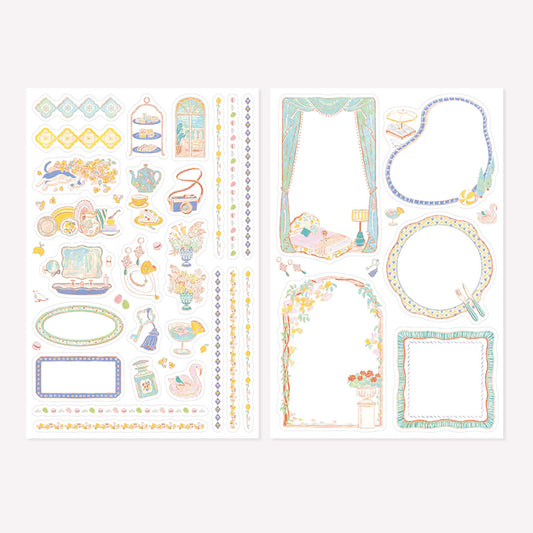 Midori Travel & Hotel Yuru Log Sticker sheets with illustrated designs including floral vases, an afternoon tea, a hotel window, and decorative frames on a white background. 