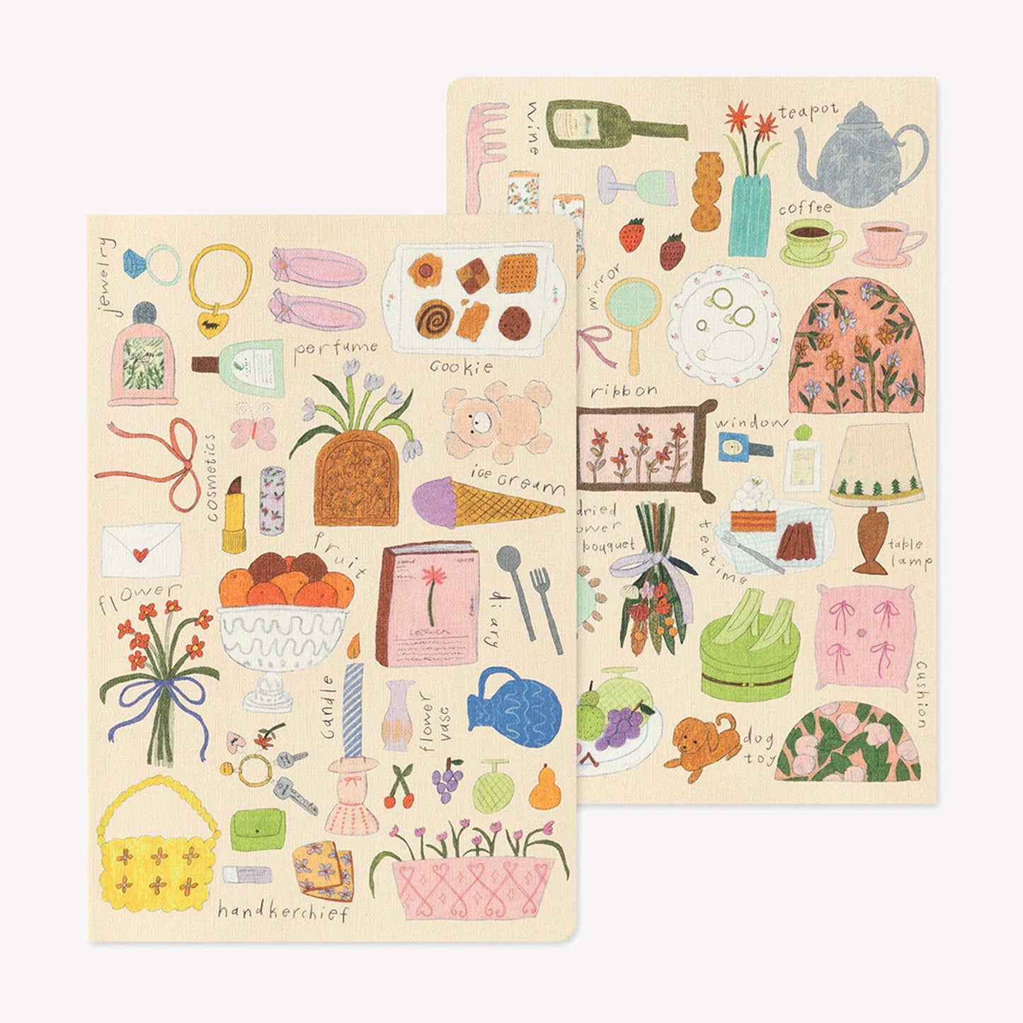Front and back covers of the Midori My Life Yuru Log notebook featuring a beige front cover illustrated with hand drawn items like perfume, books, bags, fruit and flowers. 