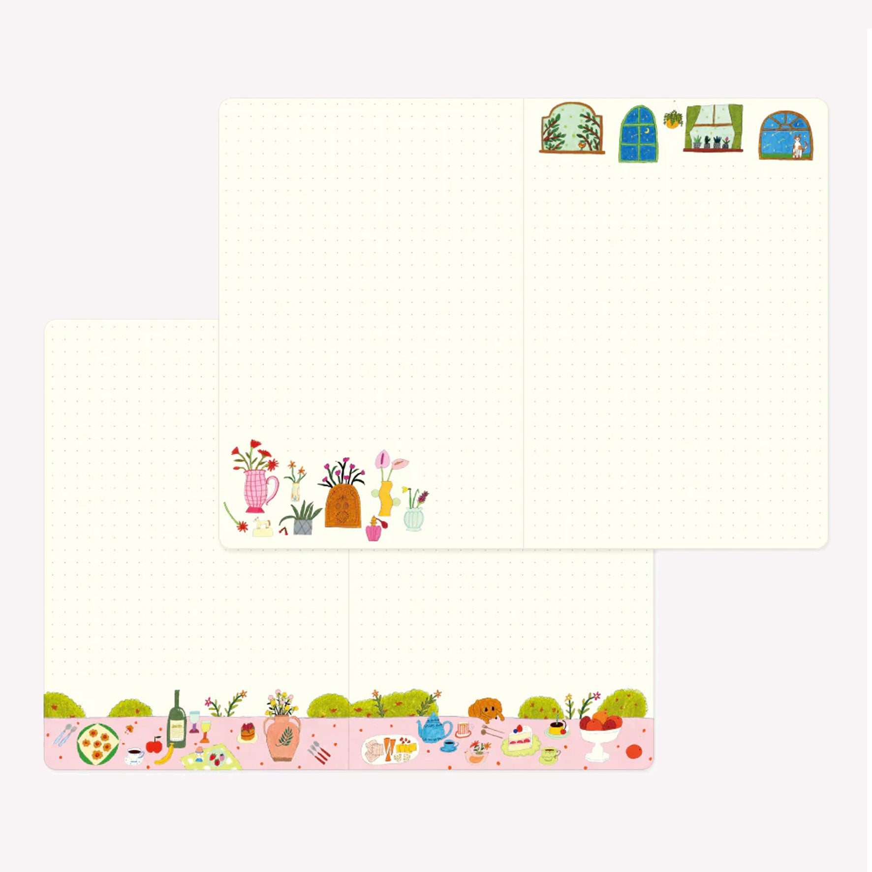 Inside the Midori My Life Yuru Log notebook. Dot grid pages are illustrated with borders featuring hand drawn window frames, flower vases and a table top scene. 