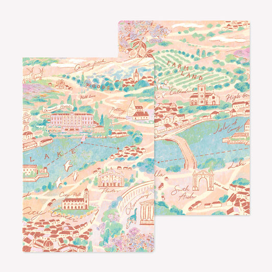 Front and back covers of the Midori Travel and Hotel Yuru Log notebook featuring a vintage style illustrated map design. 