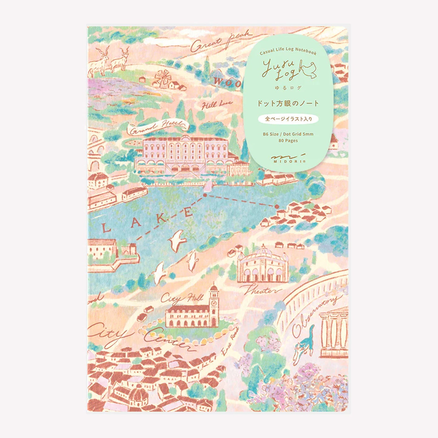 Midori Yuru Log Travel and Hotel B6 Notebook featuring a front cover illustrated with vintage style map design. 