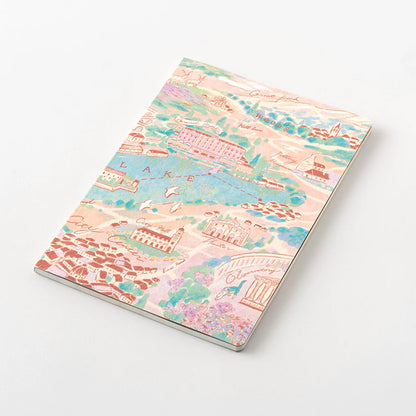 Midori Travel and Hotel Yuru Log notebook featuring a vintage style illustrated map design lying on a white surface. 