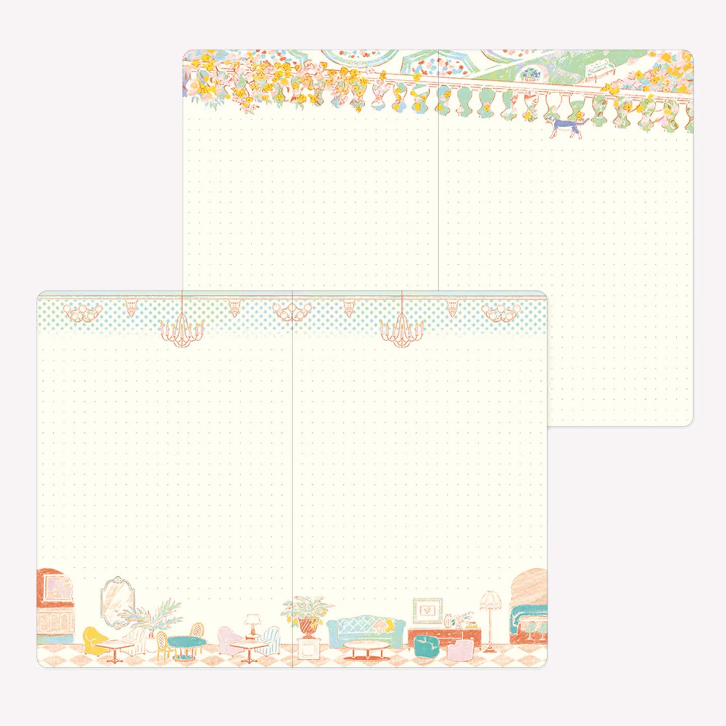 Inside the Midori Travel and Hotel Yuru Log. Dot grid pages feature decorative borders with illustrated scenes including a hotel lobby and garden view from a balcony. 