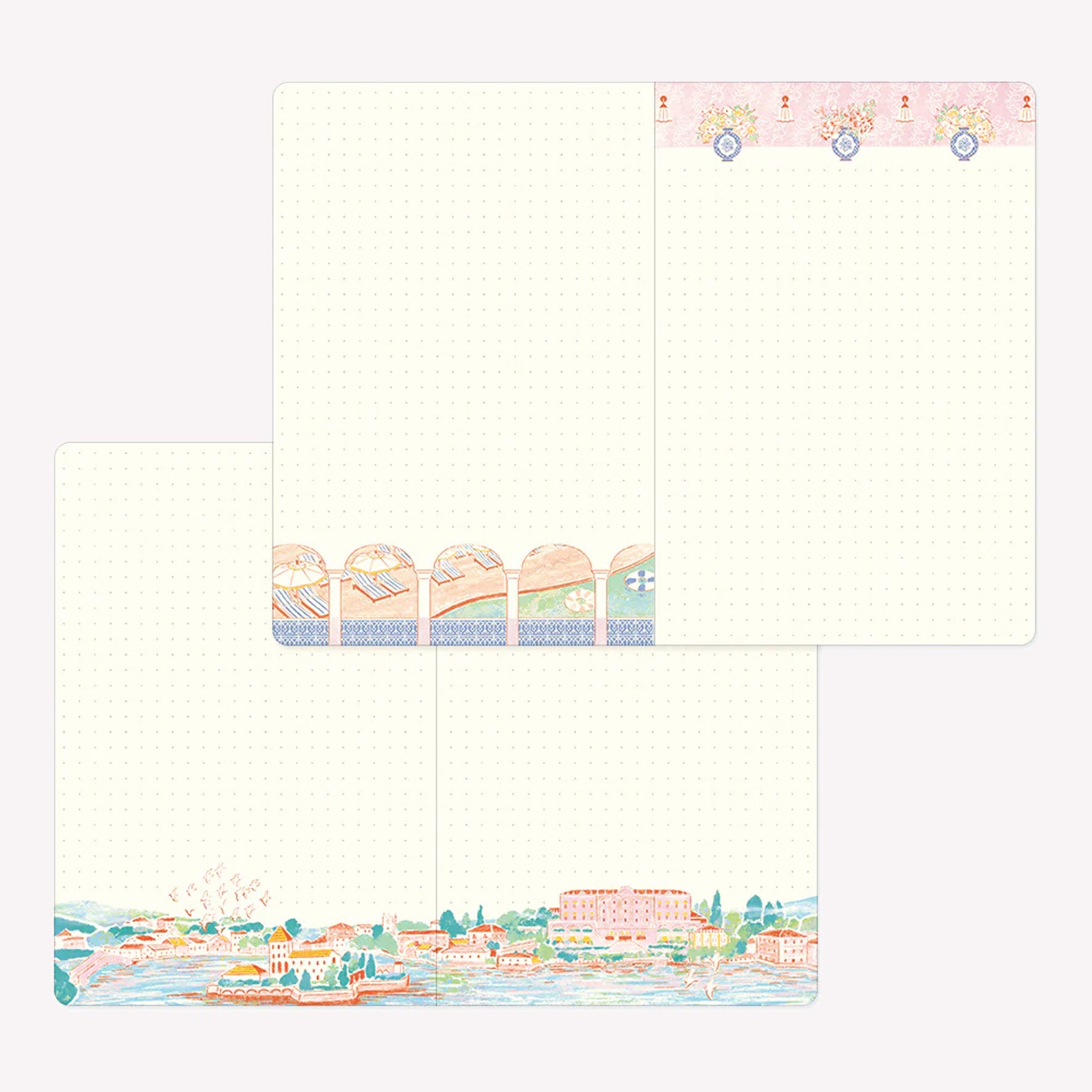 Inside the Midori Travel and Hotel Yuru Log. Dot grid pages feature decorative borders with illustrated scenes including a hotel swimming pool and riverside view. 