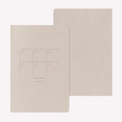 Front and back cover of the Midori Yuru Log Free Diary Monthly with a linen style beige cover. 