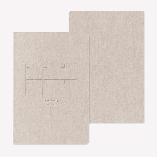 Front and back cover of the Midori Yuru Log Free Diary Monthly with a linen style beige cover. 