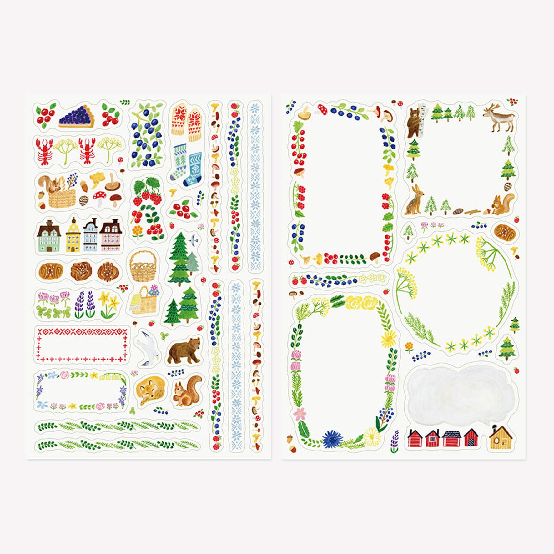 Set of 2 colourful Midori Scandinavian Forest Yuru Log sticker sheets with designs including forest creatures, trees, mushrooms, berries and decorative borders. 