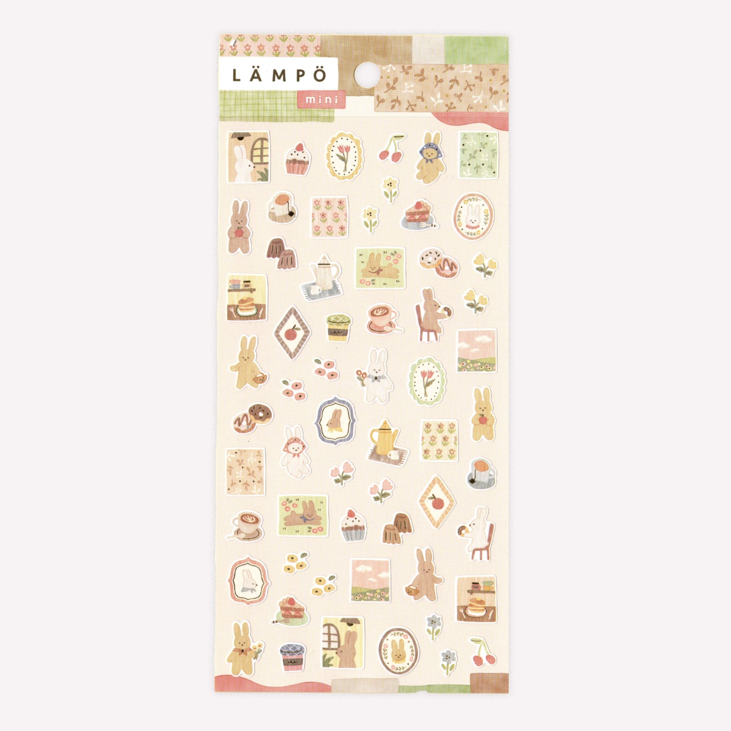 Mind Wave Lämpö sheet of decorative stickers featuring mini designs of rabbits baking and eating in the park with floral details. 