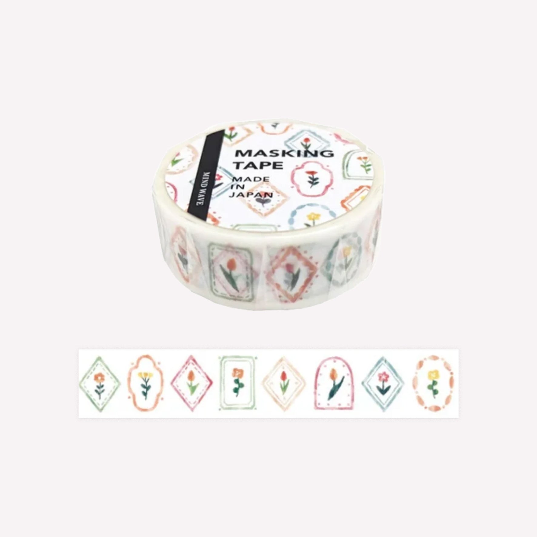 Mind Wave paper masking washi tape featuring a pattern of flowers in frames on a white background. 