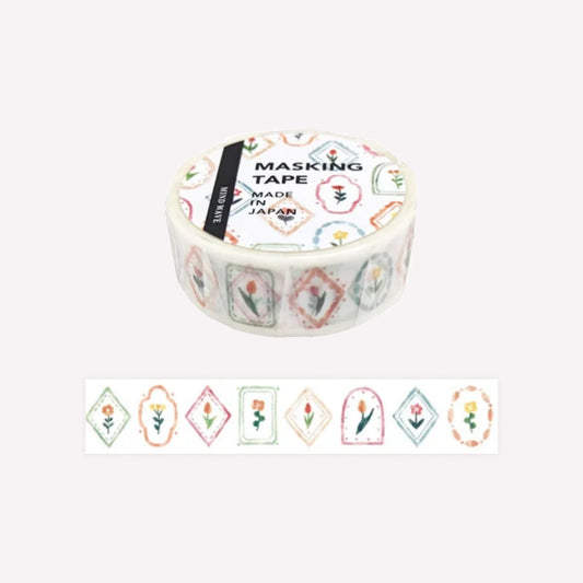 Mind Wave paper masking washi tape featuring a pattern of flowers in frames on a white background. 