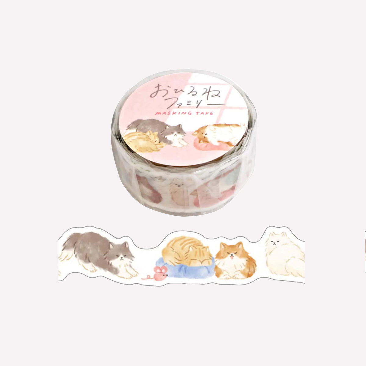 Mind Wave Ohirune Family Kitten Die Cut Washi Tape featuring cute cat illustrations packaged with a pink label. 