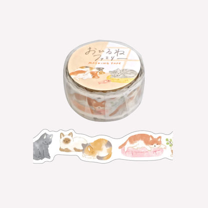 Mind Wave Ohirune die cut washi tape featuring sleepy cat illustrations on a white background.  