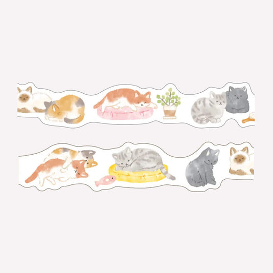 Swatches of Mind Wave Ohirune die cut washi tape featuring sleepy cat illustrations on a white background.  
