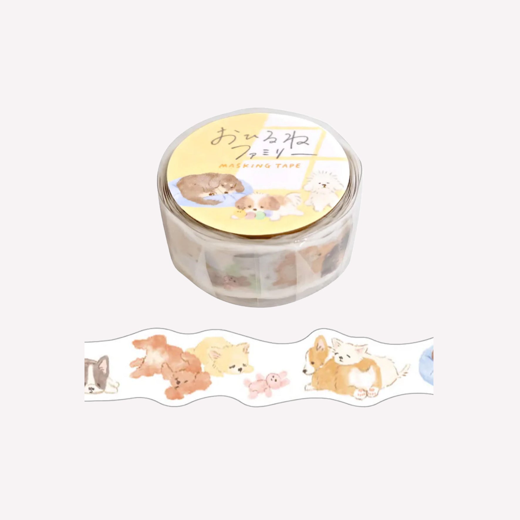 Mind Wave Ohirune Family Puppy Die Cut Washi Tape featuring cute dog illustrations packaged with a yellow label. 