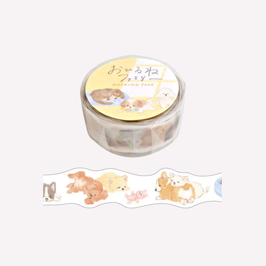 Mind Wave Ohirune Family Puppy Die Cut Washi Tape featuring cute dog illustrations packaged with a yellow label. 