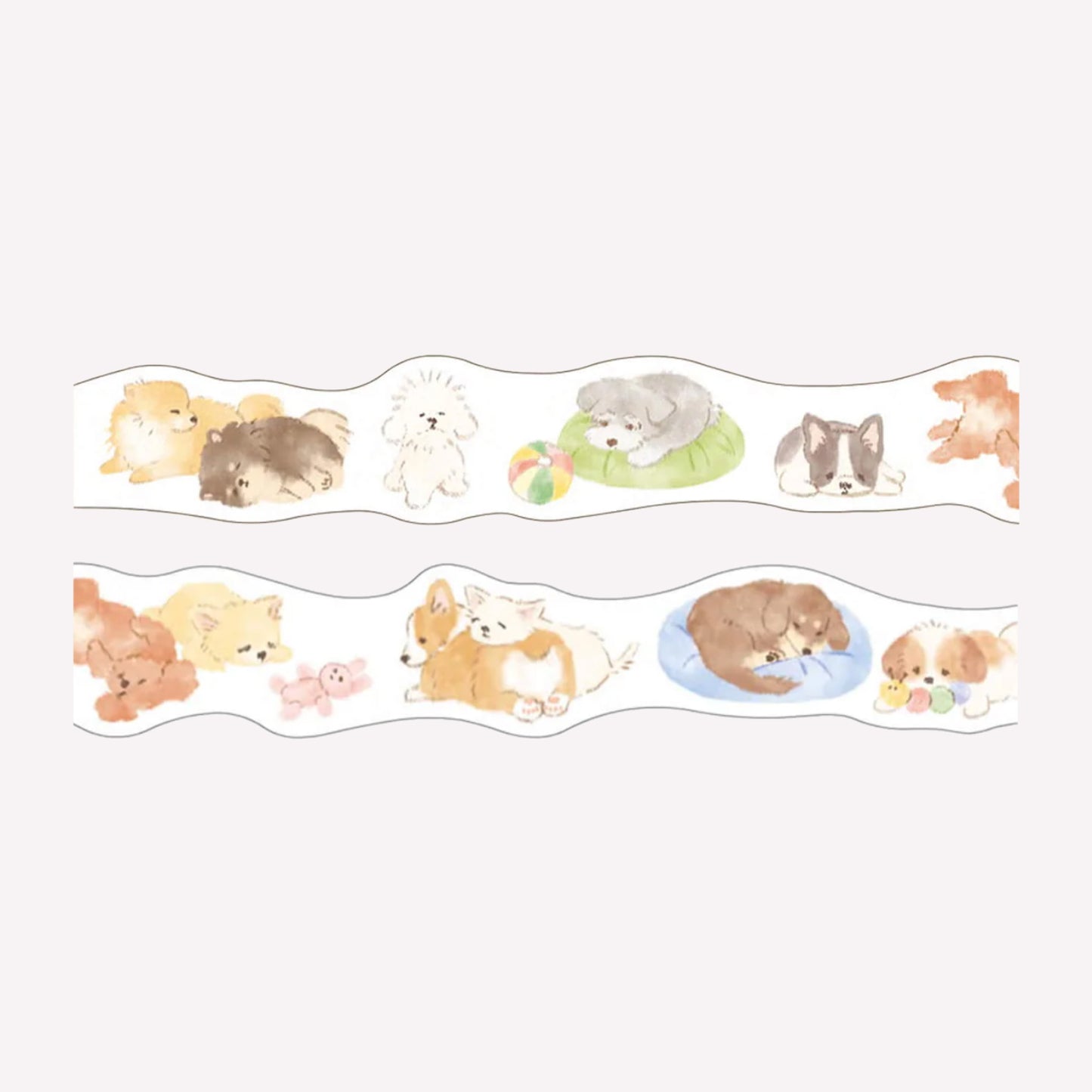 Swatches of the Mind Wave Ohirune Family Puppy Die Cut Washi Tape featuring cute puppies illustrations in various sleepy positions on a white background. 