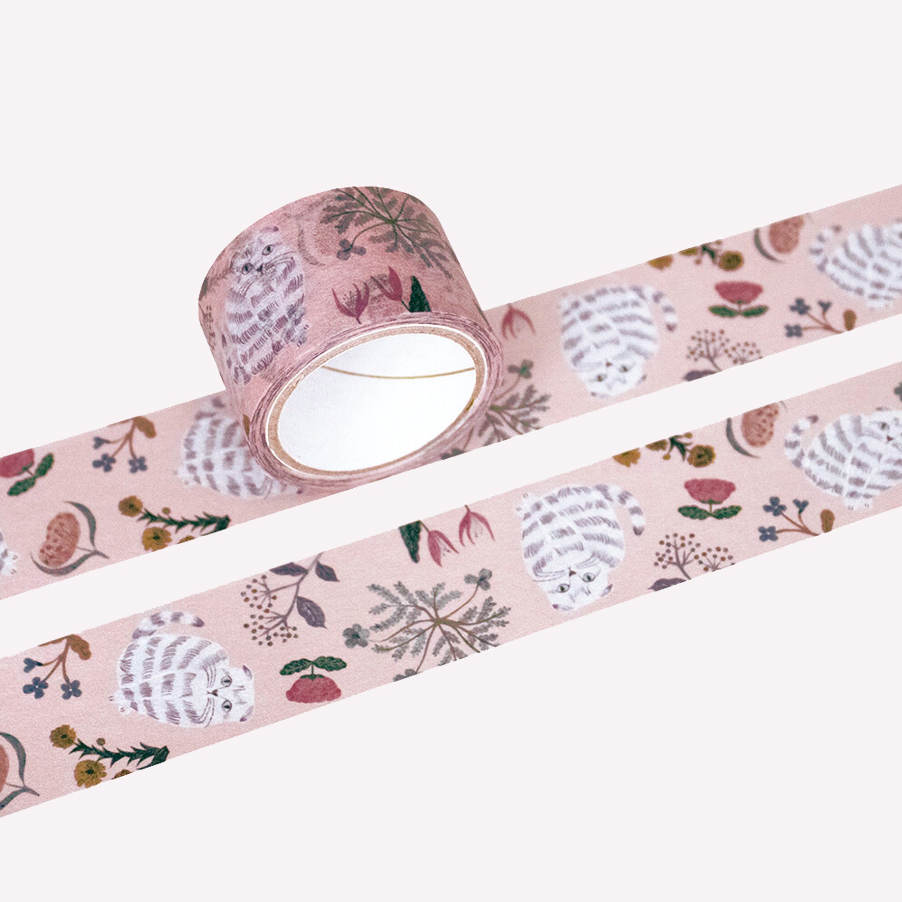 Miyuki Matsuo roll and swatch of masking tape with floral and "Amy" cat design on a on a pink background. 