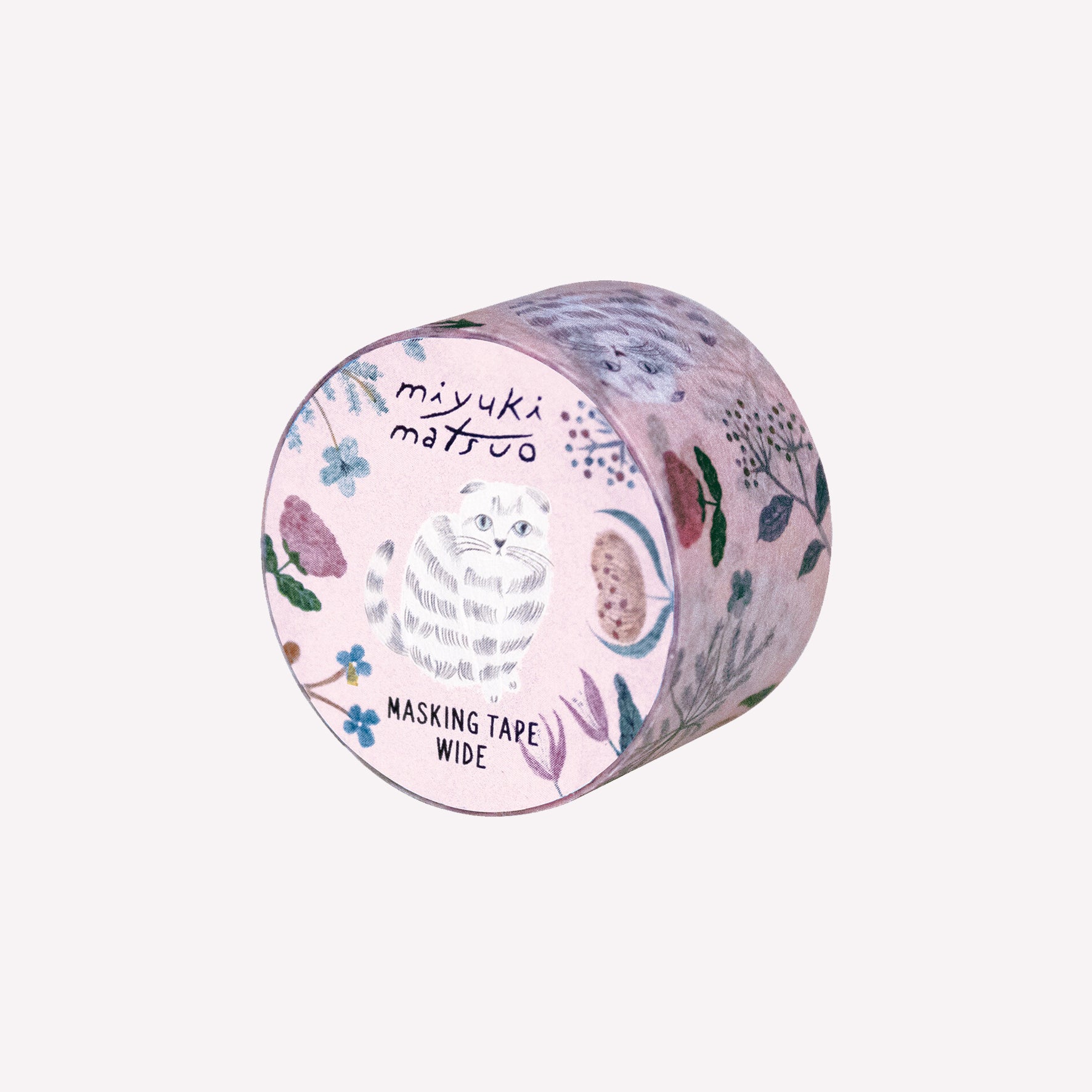 Miyuki Matsuo roll of masking tape with floral and "Amy" cat design on a on a pink background. 