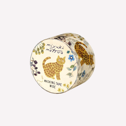 Miyuki Matsuo roll of masking tape with floral and "Rosette" cat design on a on a cream background. 