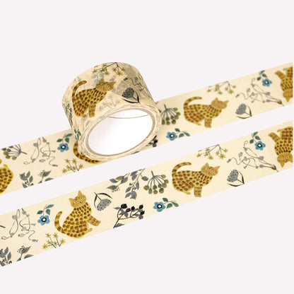 Miyuki Matsuo roll and swatch of masking tape with floral and "Rosette" cat design on a on a cream background. 