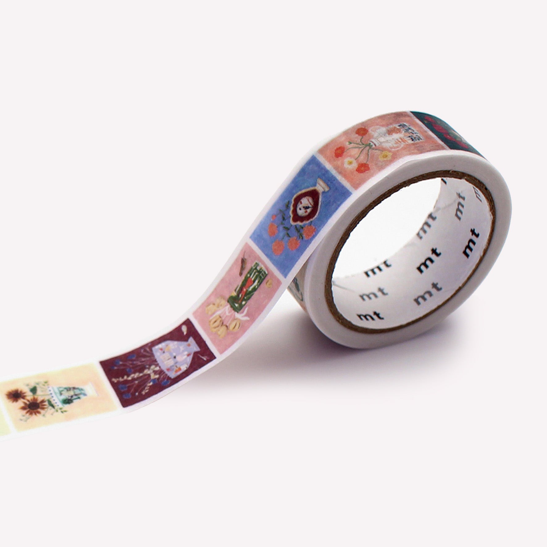 MT x pollyfern artist series washi tape roll featuring a pattern of flowers in decorative vases. 