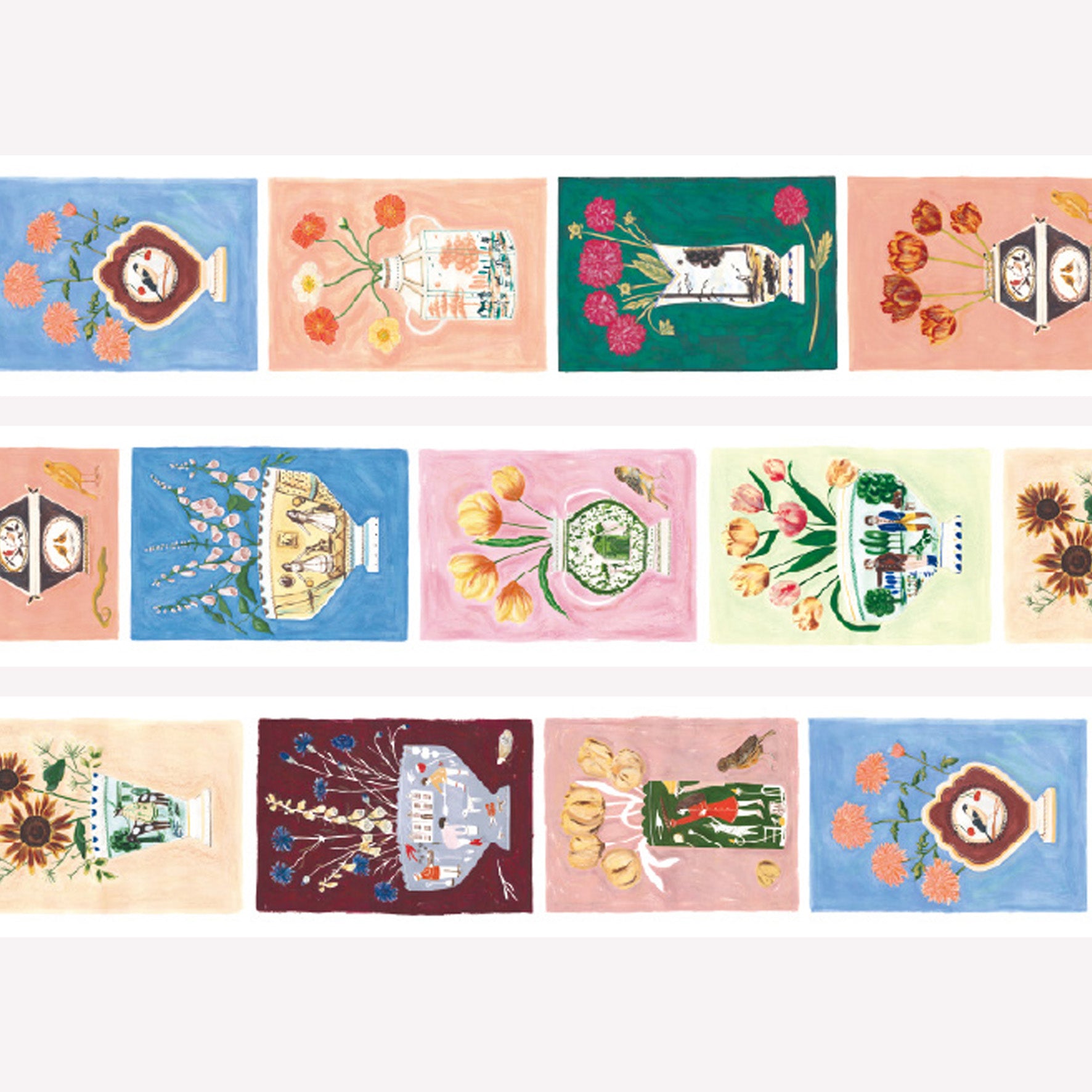 MT x pollyfern artist series washi tape swatches featuring a pattern of flowers in decorative vases. 