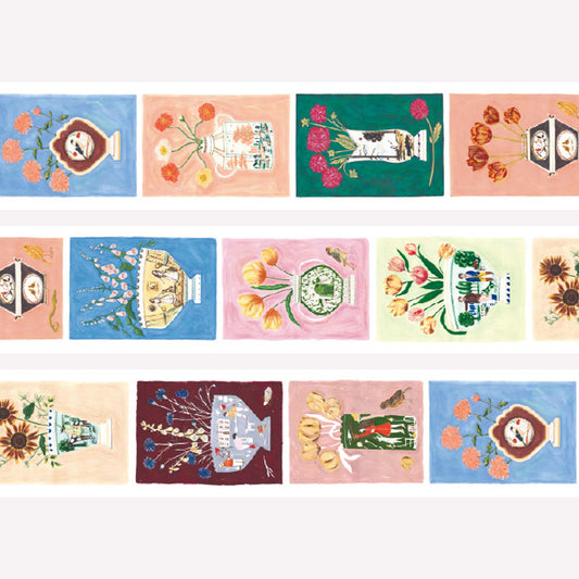 MT x pollyfern artist series washi tape swatches featuring a pattern of flowers in decorative vases. 