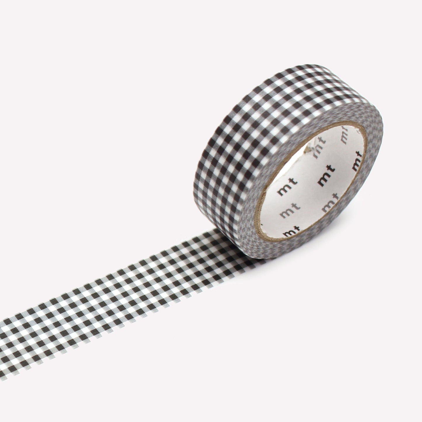 MT 15mm washi tape roll with a delicate black gingham checkered pattern. 