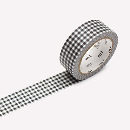 MT 15mm washi tape roll with a delicate black gingham checkered pattern. 