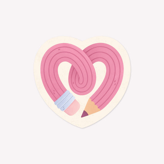 Illustrated, die-cut sticker of a pink pencil in the shape of a heart.