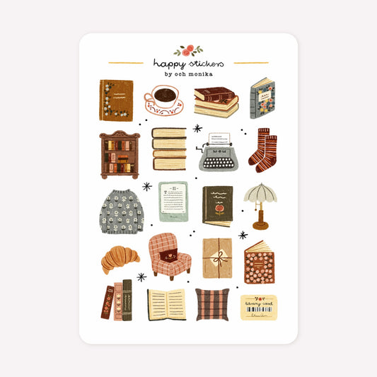 Book themed sticker sheet by Och Monika, with hand-drawn designs including stacks of books, a kindle, a library card and a cosy armchair.