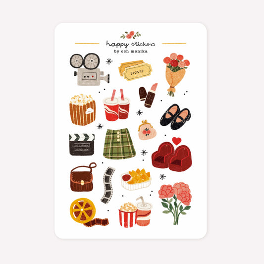 Cinema themed sticker sheet by Och Monika, with hand-drawn designs including movie tickets, film rolls, popcorn and cinema seats.