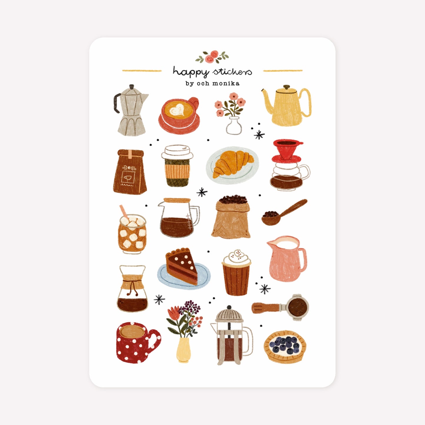 Cafe themed sticker sheet by Och Monika, with hand-drawn designs including cups of coffee, coffee beans, a cafetière, slices of cake and pastries.