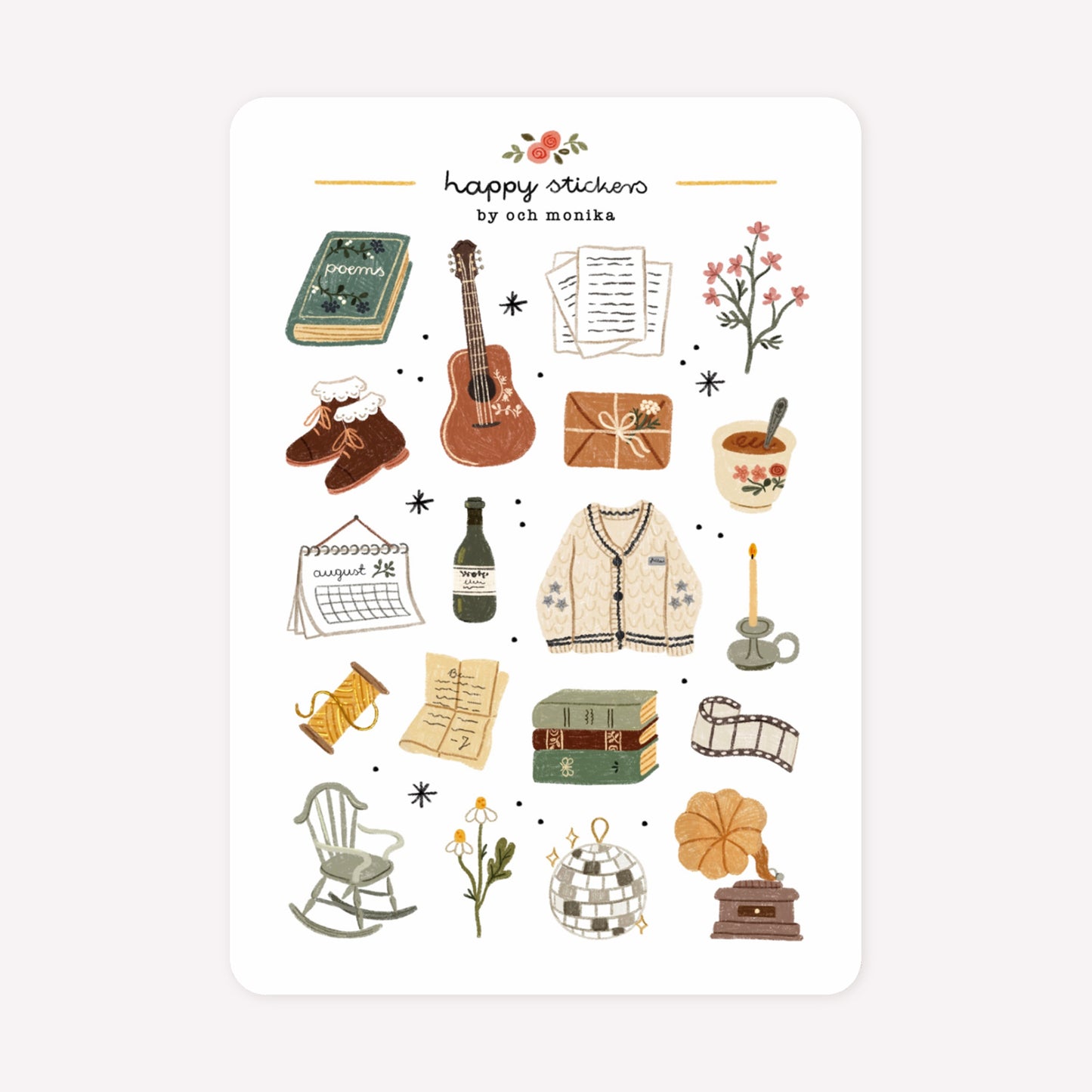 Folklore themed sticker sheet by Och Monika, with hand-drawn designs including a guitar, lyric sheets, a disco ball and the folklore cardigan.