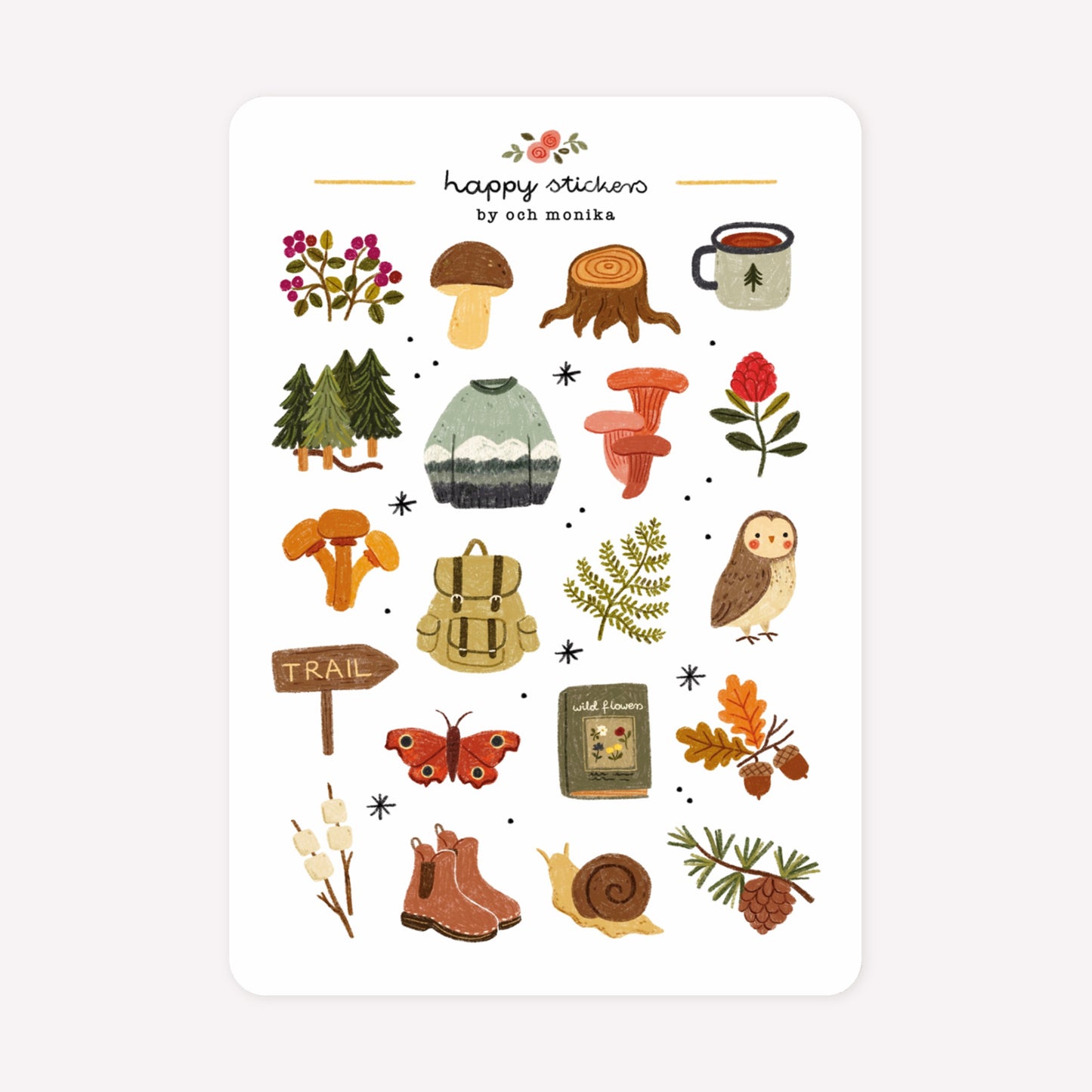 Forest themed sticker sheet, by Och Monika, with hand-drawn designs including trees, mushrooms, hiking gear and autumn leaves.