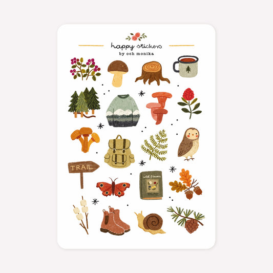 Forest themed sticker sheet, by Och Monika, with hand-drawn designs including trees, mushrooms, hiking gear and autumn leaves.