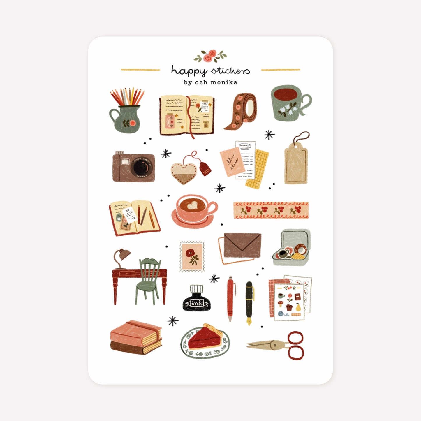 Journal themed sticker sheet by Och Monika, with hand-drawn designs including a camera, washi tapes, scissors, pens and other scrapbooking ephemera.