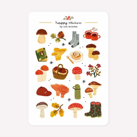 Mushroom themed sticker sheet by Och Monika, with hand-drawn designs including a various mushrooms and toadstools, autumn leaves and hiking gear.