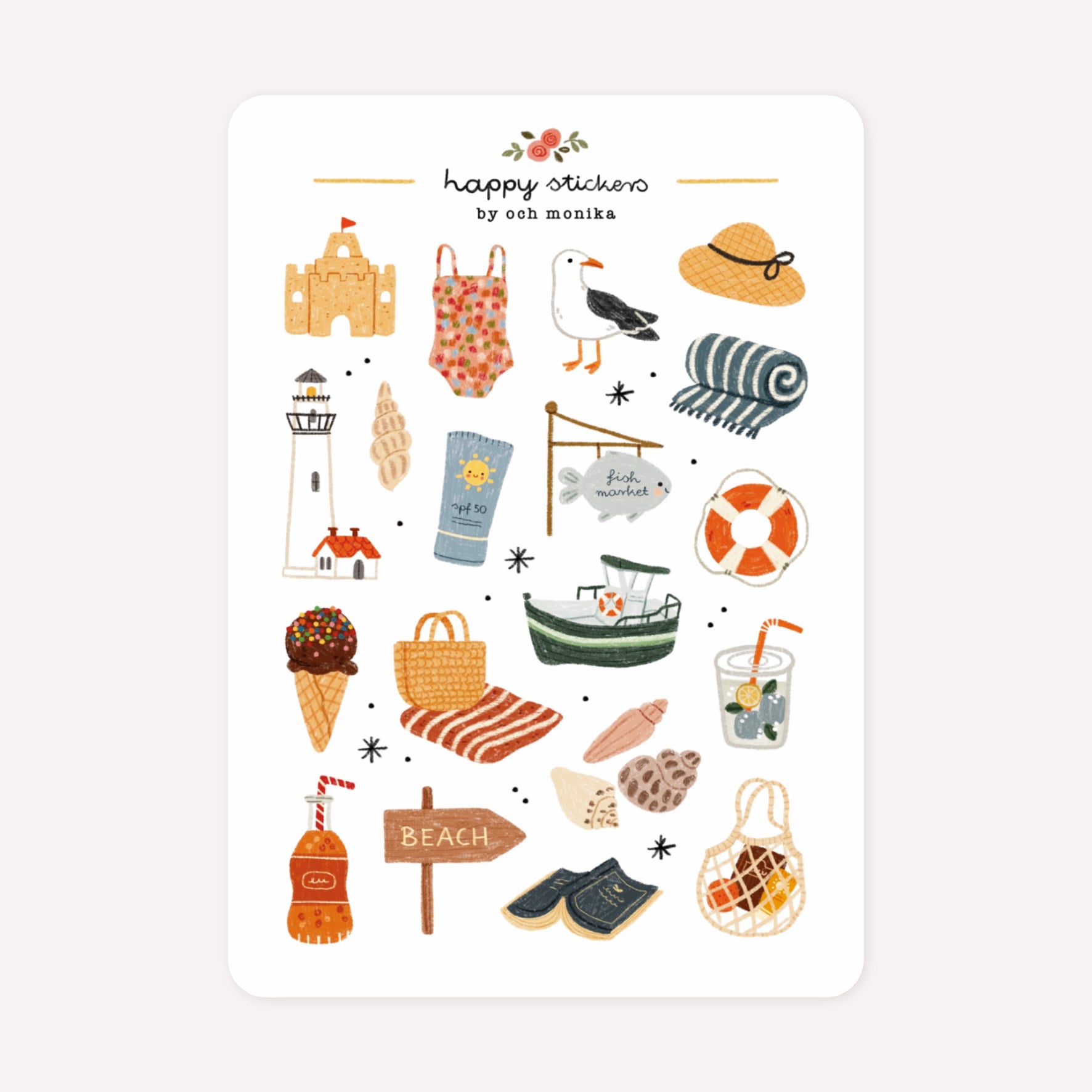 Seaside themed sticker sheet by Och Monika, with hand-drawn designs including a seagull, ice cream, beach towels and shells.