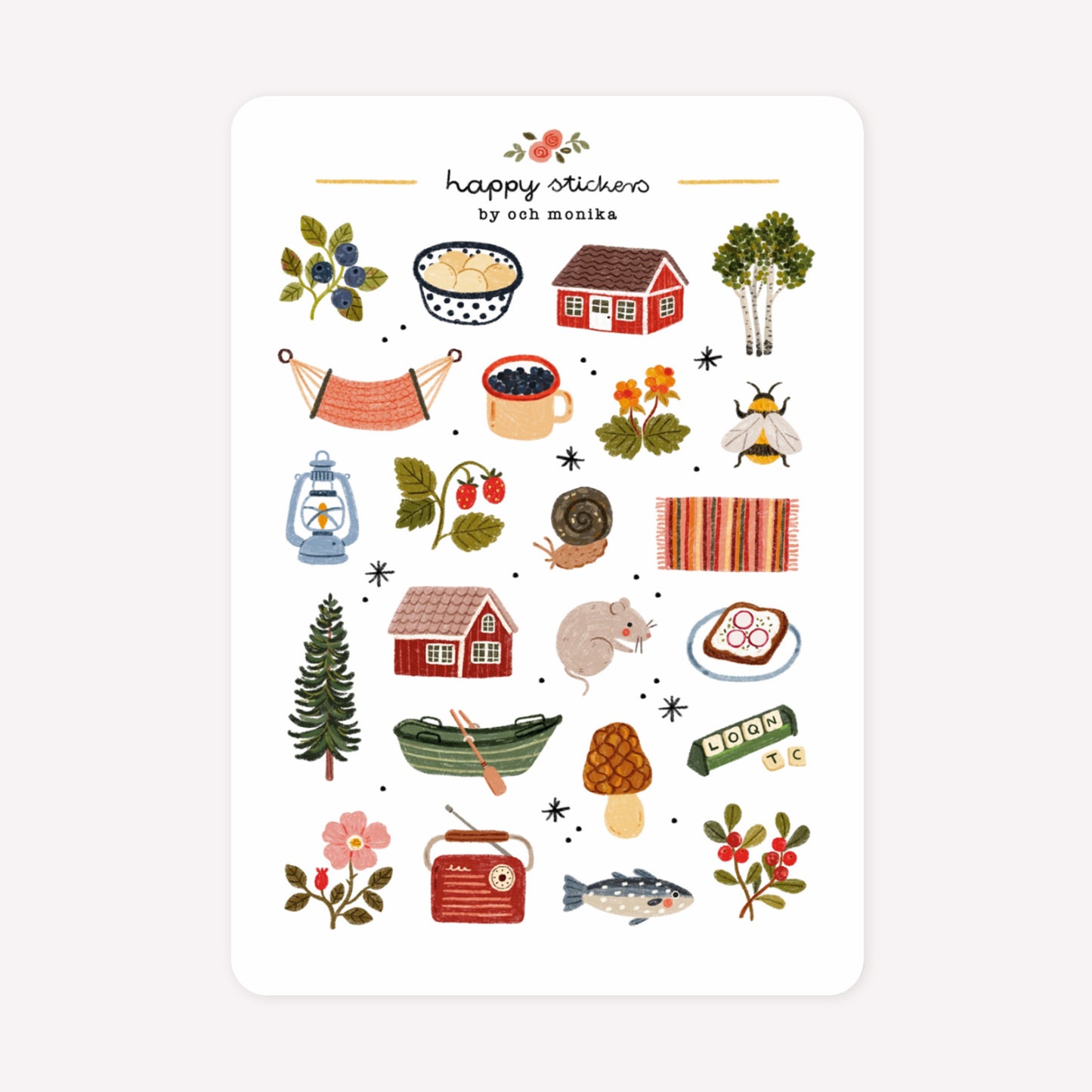Summer holiday cottage themed sticker sheet by Och Monika, with hand-drawn designs including two wooden cabins, a hammock, board games and summer flowers and berries.