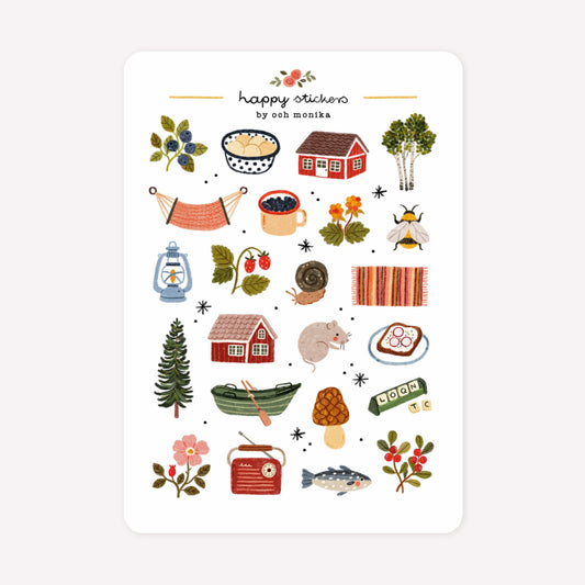 Summer holiday cottage themed sticker sheet by Och Monika, with hand-drawn designs including two wooden cabins, a hammock, board games and summer flowers and berries.
