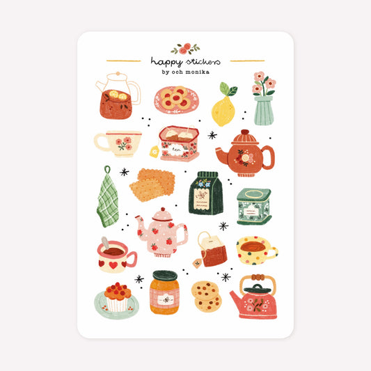 Tea themed sticker sheet by Och Monika, with hand-drawn designs including cups of tea, kettles, tea pots and biscuits.
